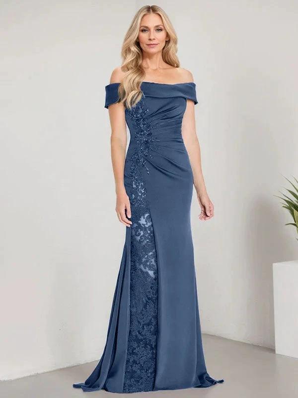 A-Line Off the Shoulder Floor-Length Mother of the Bride Dress Applique Beadings Mermaid Dress With High Split by Dreamylily