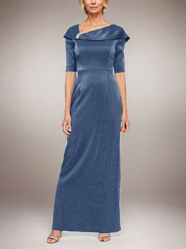 Long Shimmer Column Dress with Foldover Cuff L-Neckline and Elbow Sleeves