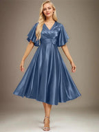 A-line V-Neck Tea-Length Stretch Satin Mother of the Bride Dress With Beading Pleated by Dreamylily