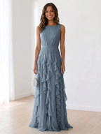 Sleeveless Tiered Chiffon Maxi Evening Gown with Ruched Bodice