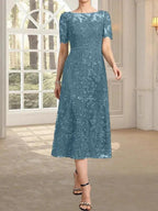A-line Scoop Illusion Tea-Length Lace Mother of the Bride Dress With Sequins by Dreamylily