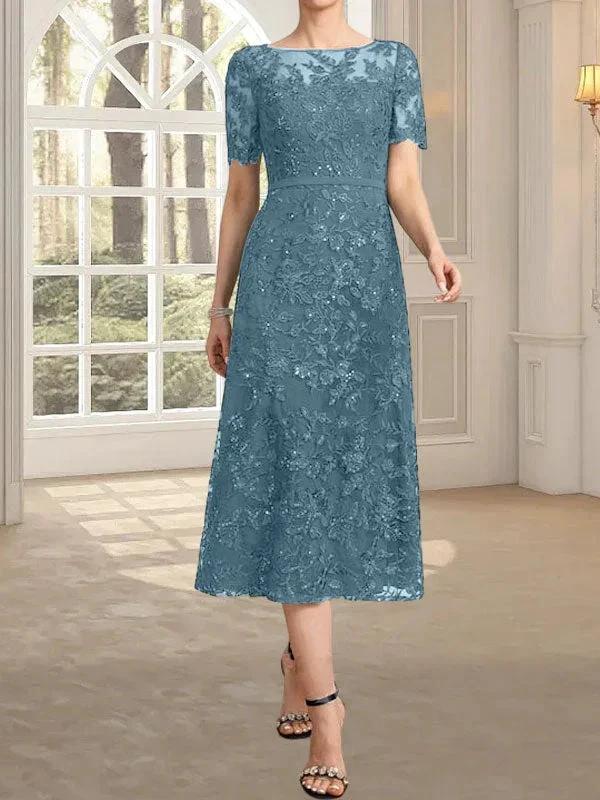 A-line Scoop Illusion Tea-Length Lace Mother of the Bride Dress With Sequins by Dreamylily