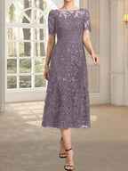 A-line Scoop Illusion Tea-Length Lace Mother of the Bride Dress With Sequins by Dreamylily