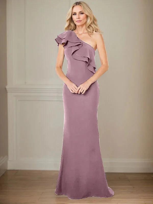 A-line One Shoulder Floor-Length Chiffon Mother of the Bride Dress With Ruffles by Dreamylily