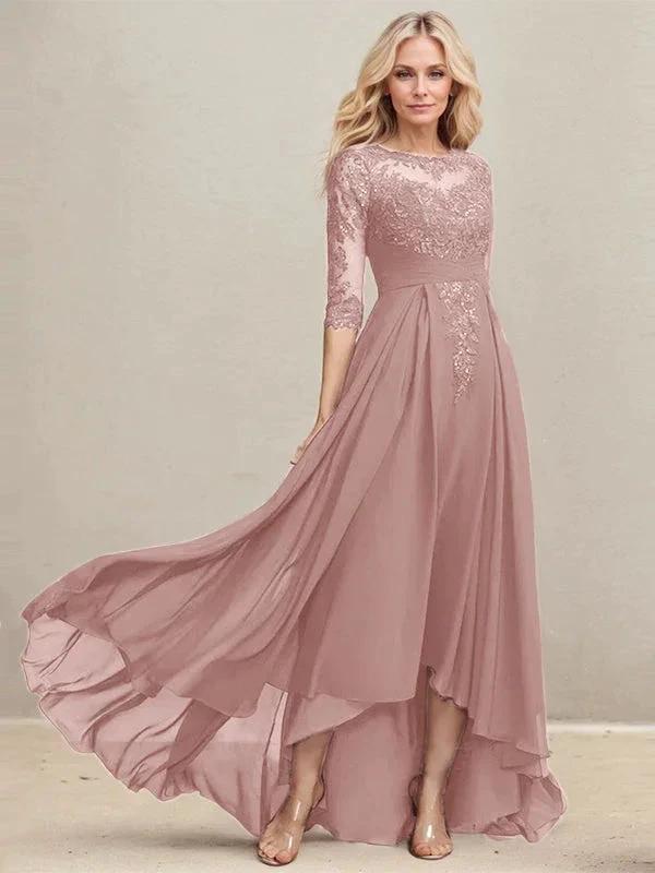 A-line Scoop Illusion Asymmetrical Lace Chiffon Mother of the Bride Dress With Pleated Sequins by Dreamylily
