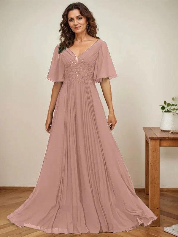 A-line V-Neck Floor-Length Chiffon Mother of the Bride Dress With Sequins Appliques Lace Pleated by Dreamylily