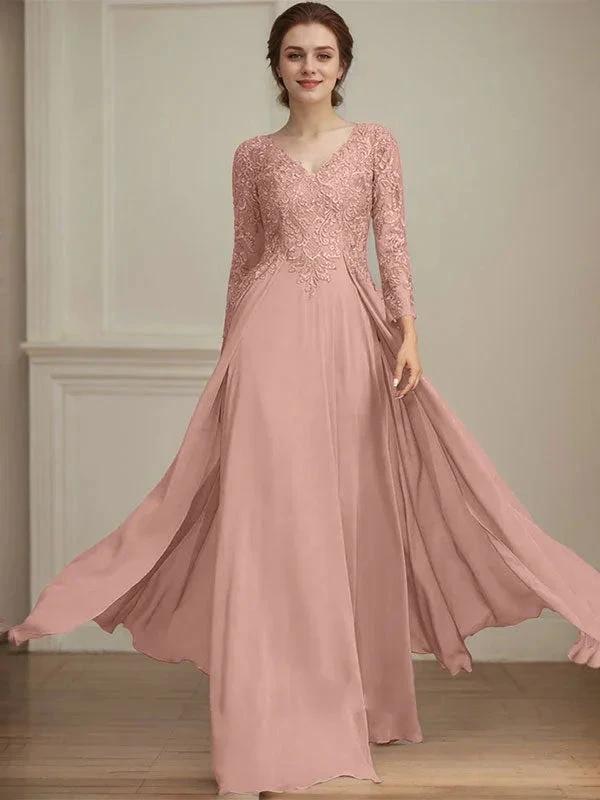 A-line V-Neck Floor-Length Lace Chiffon Mother of the Bride Dress With Sequins by Dreamylily