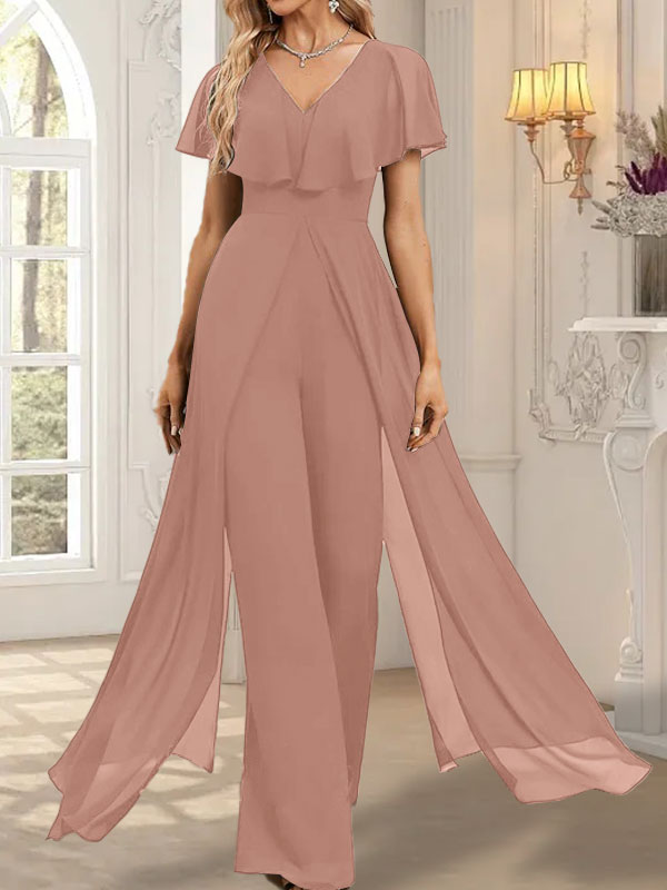 Jumpsuit/Pantsuit V-Neck Floor-Length Chiffon Evening Dress