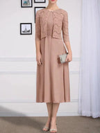 A-line Scoop Tea-Length Chiffon Mother of the Bride Dress With Pleated by Dreamylily