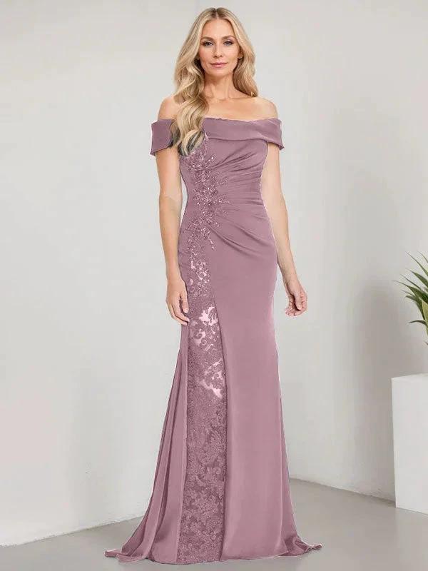 A-Line Off the Shoulder Floor-Length Mother of the Bride Dress Applique Beadings Mermaid Dress With High Split by Dreamylily