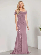 A-Line Off the Shoulder Floor-Length Mother of the Bride Dress Applique Beadings Mermaid Dress With High Split by Dreamylily