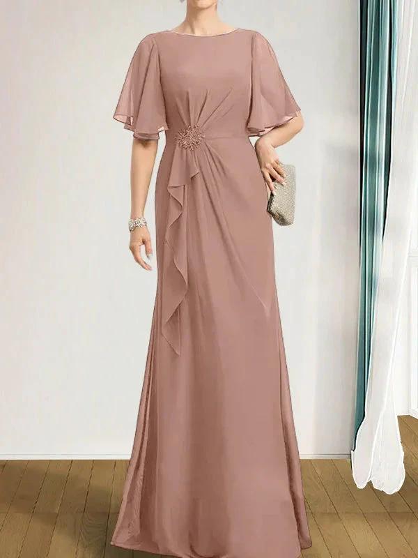 A-line Scoop Floor-Length Chiffon Mother of the Bride Dress With Cascading Ruffles Beading Sequins by Dreamylily