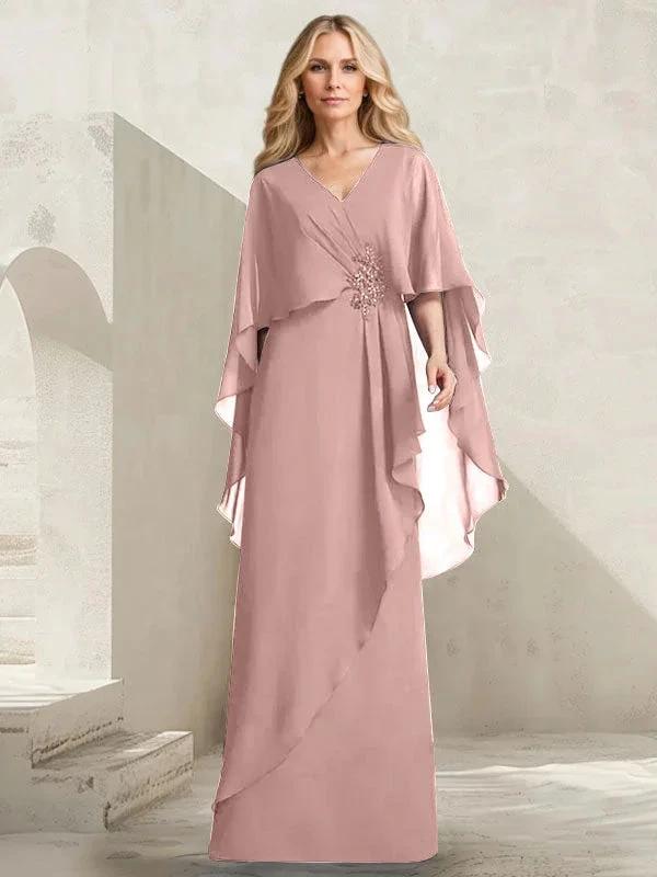A-line V-Neck Floor-Length Chiffon Mother of the Bride Dress With Cascading Ruffles Beading by Dreamylily
