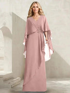 A-line V-Neck Floor-Length Chiffon Mother of the Bride Dress With Cascading Ruffles Beading by Dreamylily