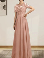 A-line Scoop Illusion Floor-Length Chiffon Lace Mother of the Bride Dress With Sequins Beading by Dreamylily