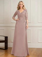 A-line V-Neck Floor-Length Lace Chiffon Mother of the Bride Dress With Pleated Sequins by Dreamylily