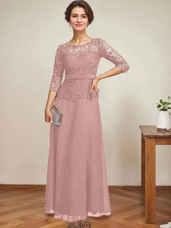 A-line Scoop Illusion Ankle-Length Chiffon Lace Mother of the Bride Dress With Rhinestone Beading by Dreamylily