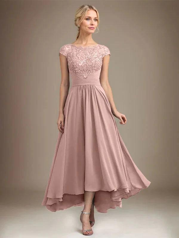 A-line Scoop Illusion Asymmetrical Lace Chiffon Mother of the Bride Dress With Pleated by Dreamylily