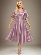 A-line V-Neck Tea-Length Stretch Satin Mother of the Bride Dress With Beading Pleated by Dreamylily