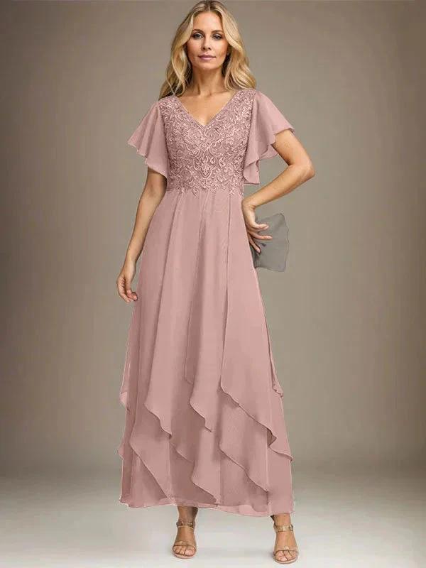 A-line V-Neck Ankle-Length Lace Chiffon Mother of the Bride Dress With Cascading Ruffles by Dreamylily