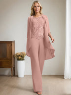 Separates Jumpsuit/Pantsuit Scoop Floor-Length Chiffon Lace Mother of the Bride Dress With Beading Sequins