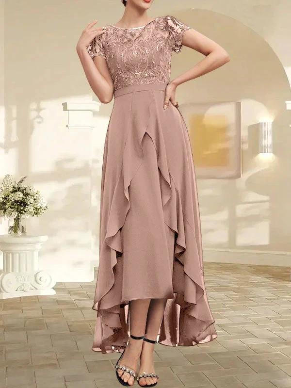 A-line Scoop Illusion Asymmetrical Chiffon Lace Mother of the Bride Dress With Bow Ruffle Sequins by Dreamylily