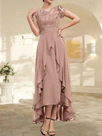 A-line Scoop Illusion Asymmetrical Chiffon Lace Mother of the Bride Dress With Bow Ruffle Sequins by Dreamylily
