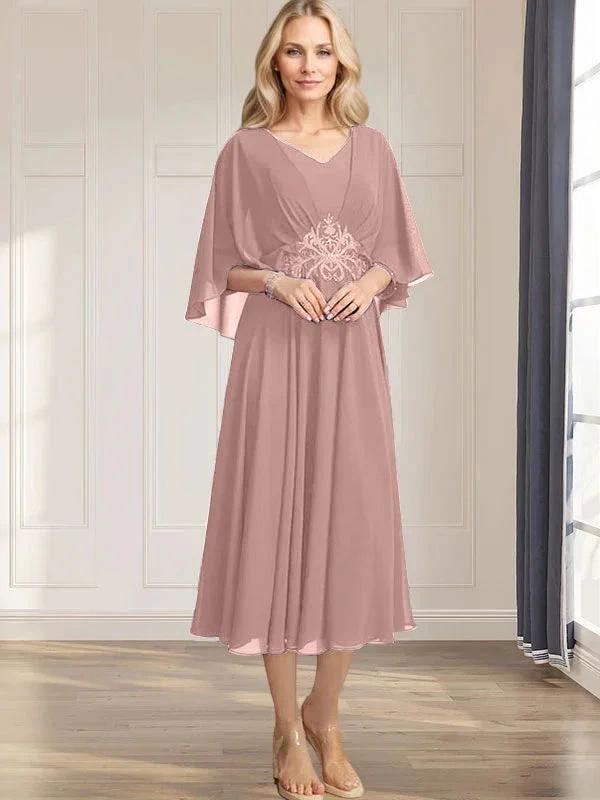A-line V-Neck Tea-Length Chiffon Mother of the Bride Dress With Pleated Sequins Appliques Lace Beadind by Dreamylily