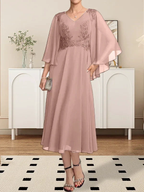 A-line V-Neck Tea-Length Chiffon Lace Mother of the Bride Dress With Beading Sequins by Dreamylily
