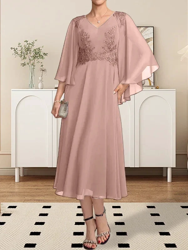 A-line V-Neck Tea-Length Chiffon Lace Mother of the Bride Dress With Beading Sequins by Dreamylily