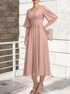 A-line V-Neck Tea-Length Lace Chiffon Mother of the Bride Dress With Pleated by Dreamylily