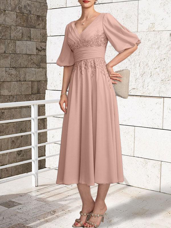 A-line V-Neck Tea-Length Lace Chiffon Mother of the Bride Dress With Pleated by Dreamylily