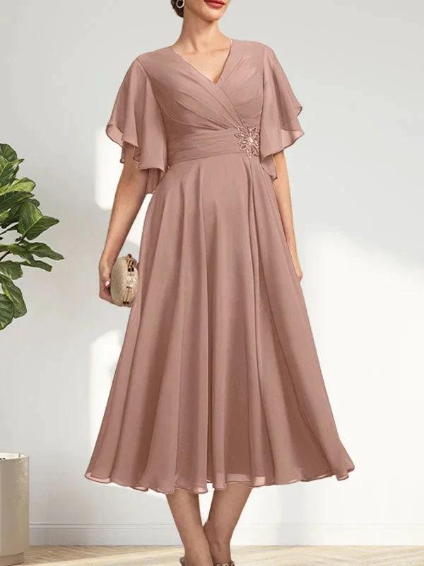 A-line V-Neck Tea-Length Chiffon Mother of the Bride Dress With Pleated Beading by Dreamylily