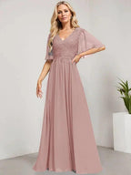 A-line V-Neck Floor-Length Lace Chiffon Mother of the Bride Dress With Sequins by Dreamylily