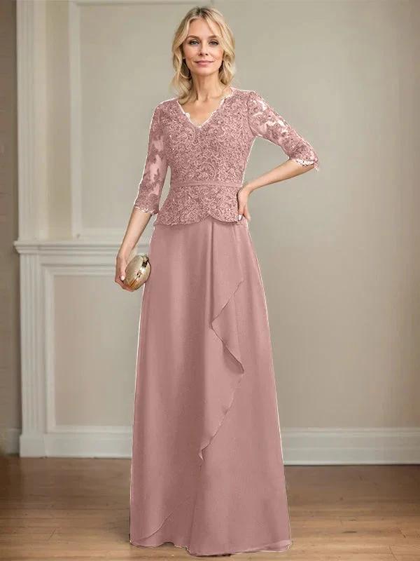 A-line V-Neck Floor-Length Lace Chiffon Mother of the Bride Dress With Cascading Ruffles Sequins by Dreamylily