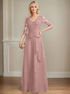 A-line V-Neck Floor-Length Lace Chiffon Mother of the Bride Dress With Cascading Ruffles Sequins by Dreamylily