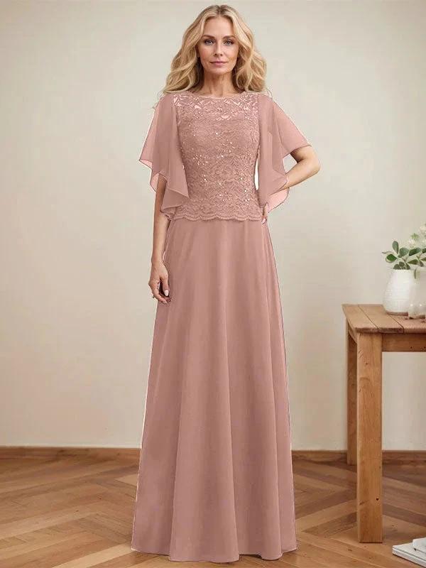 A-line Scoop Illusion Floor-Length Lace Chiffon Mother of the Bride Dress With Sequins by Dreamylily