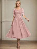 A-line V-Neck Tea-Length Lace Chiffon Mother of the Bride Dress With Sequins by Dreamylily