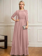 A-line Scoop Illusion Floor-Length Lace Chiffon Mother of the Bride Dress With Pleated by Dreamylily