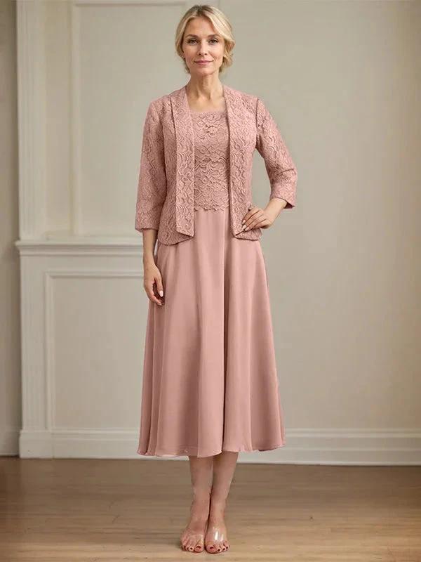 A-line Scoop Tea-Length Lace Chiffon Mother of the Bride Dress by Dreamylily