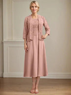 A-line Scoop Tea-Length Lace Chiffon Mother of the Bride Dress by Dreamylily