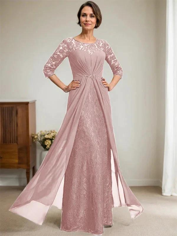 A-Line Scoop Illusion Floor-Length Lace Chiffon Mother Of the Bride Dress With Beading Ruffles by Dreamylily