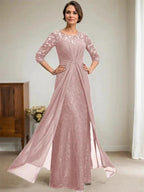 A-Line Scoop Illusion Floor-Length Lace Chiffon Mother Of the Bride Dress With Beading Ruffles by Dreamylily