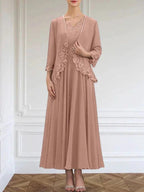 A-line V-Neck Ankle-Length Chiffon Mother of the Bride Dress With Sequins Appliques Lace Beading by Dreamylily