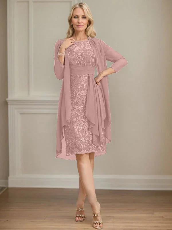Sheath/Column Scoop Illusion Knee-Length Lace Chiffon Mother of the Bride Dress With Cascading Ruffles Sequins by Dreamylily