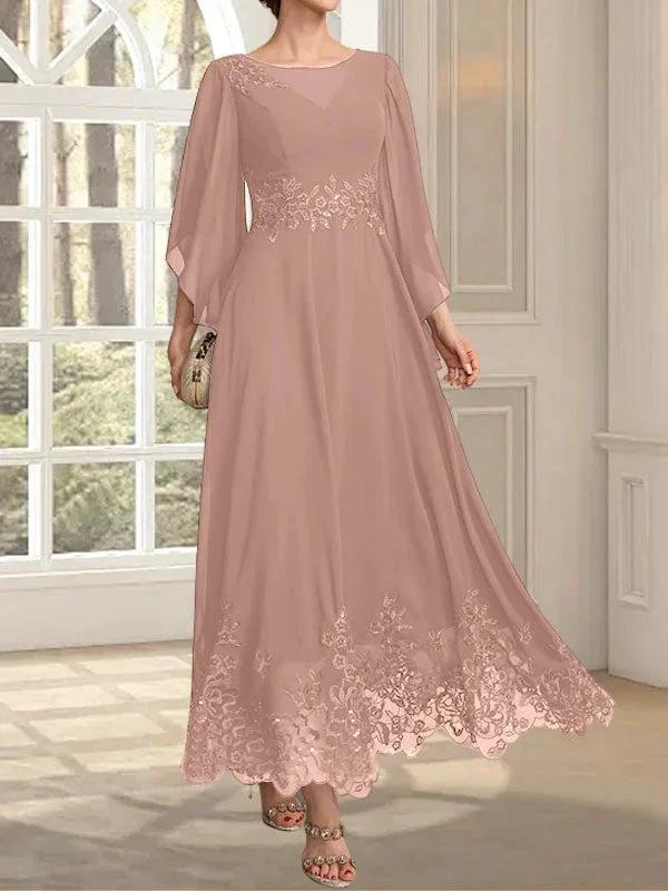 A-line Scoop Illusion Ankle-Length Lace Chiffon Mother of the Bride Dress With Sequins by Dreamylily