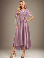 A-line Scoop Illusion Asymmetrical Stretch Satin Lace Mother of the Bride Dress With Sequins by Dreamylily