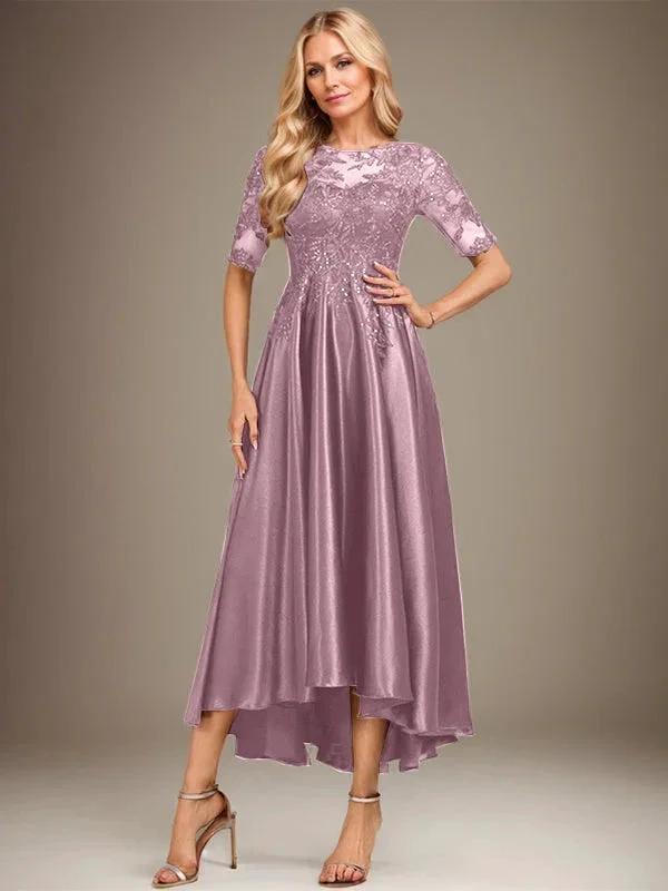A-line Scoop Illusion Asymmetrical Stretch Satin Lace Mother of the Bride Dress With Sequins by Dreamylily