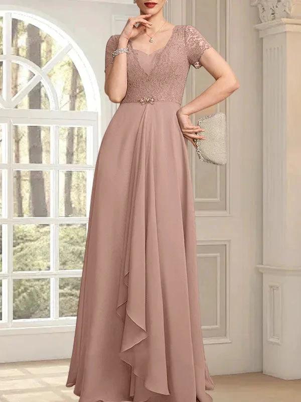 A-line Sweetheart Floor-Length Chiffon Lace Mother of the Bride Dress With Beading Cascading Ruffles by Dreamylily