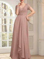 A-line Sweetheart Floor-Length Chiffon Lace Mother of the Bride Dress With Beading Cascading Ruffles by Dreamylily